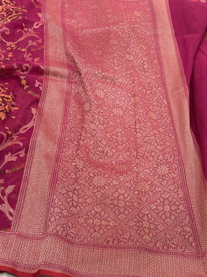 Pink Banarasi cotton Jamdani handloom Saree