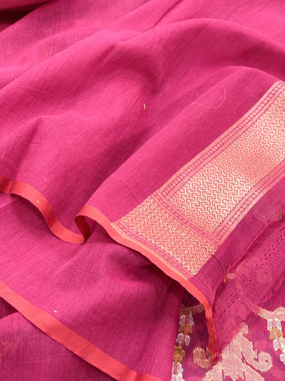 Pink Banarasi cotton Jamdani handloom Saree