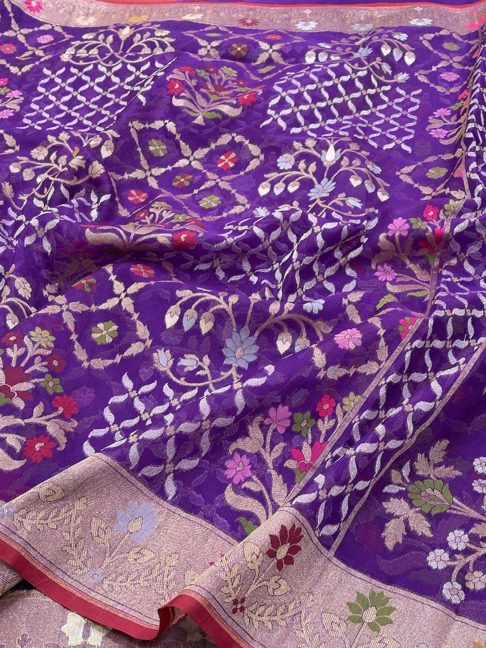 Purple Banarasi Kora Jamdani Silk Handwoven Saree