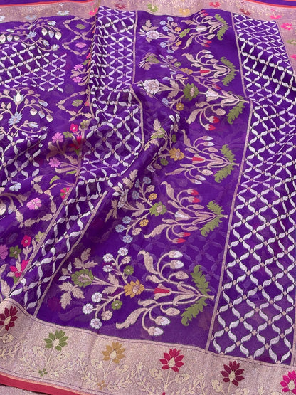 Purple Banarasi Kora Jamdani Silk Handwoven Saree