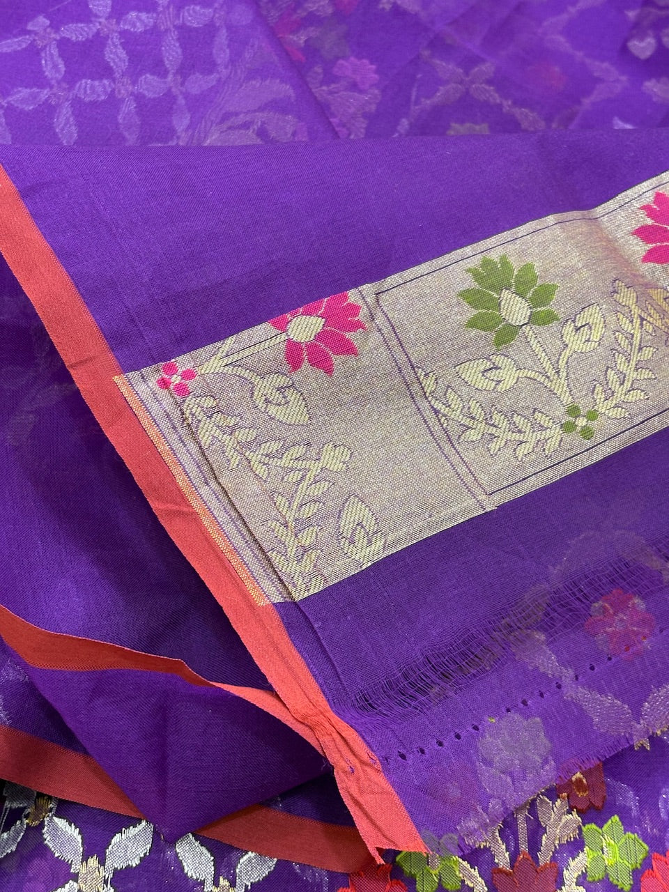 Purple Banarasi Kora Jamdani Silk Handwoven Saree
