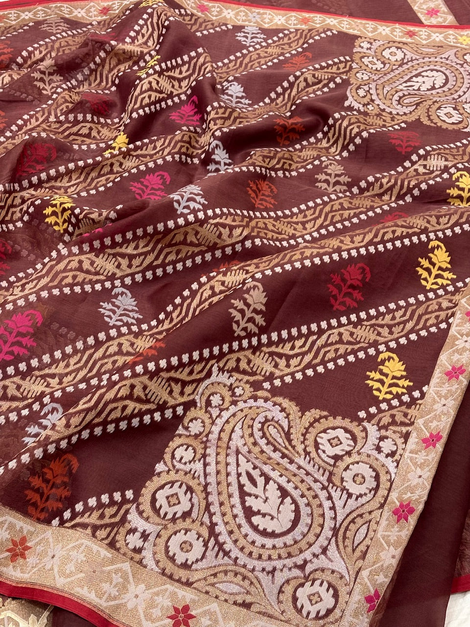 Brown Banarasi Kora Jamdani Silk Handwoven Saree