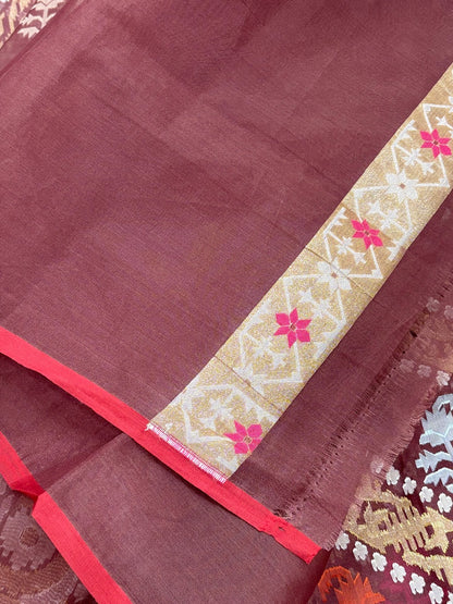 Brown Banarasi Kora Jamdani Silk Handwoven Saree