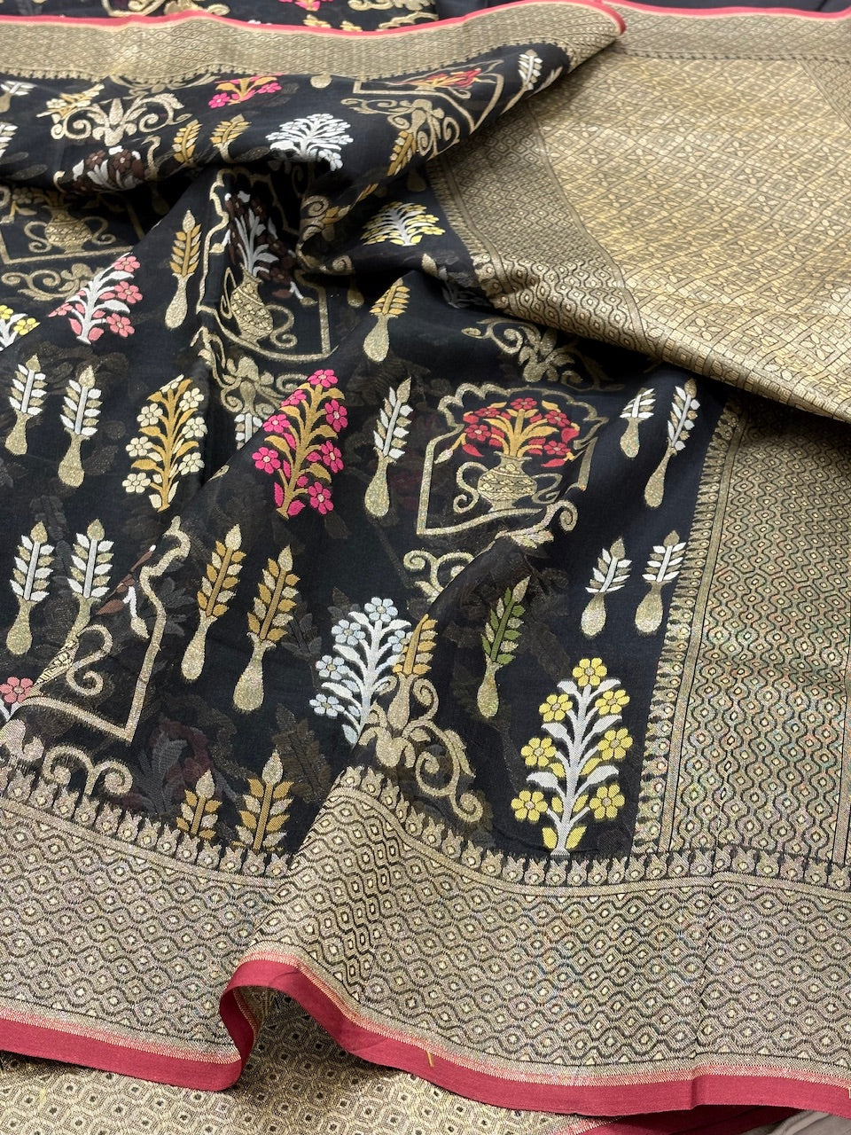 Black Banarasi Kora Jamdani Silk Handwoven Saree