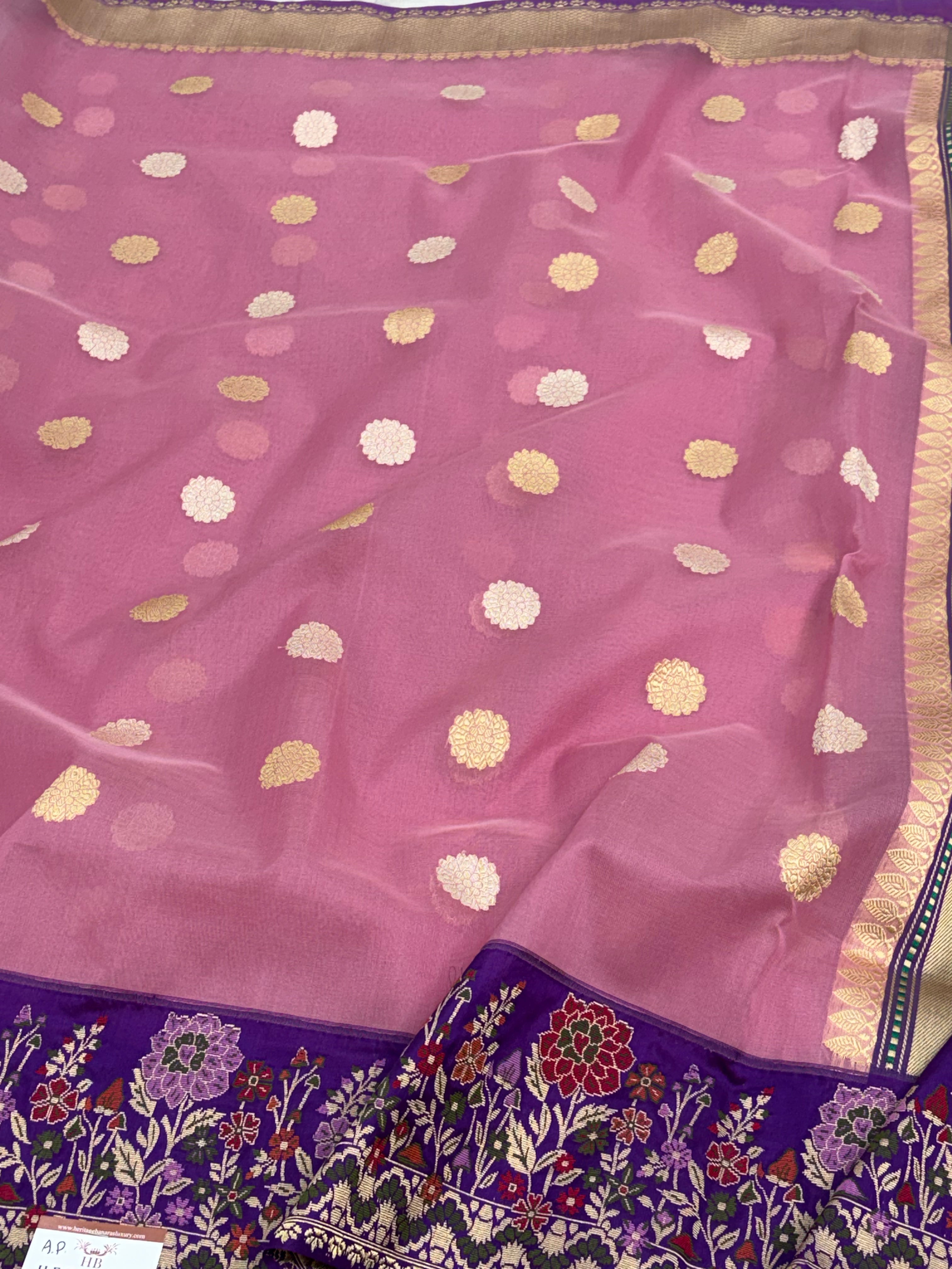 Soft Pink Pure Kora Kadhiyal Banarasi Saree with Purple Minakari Border