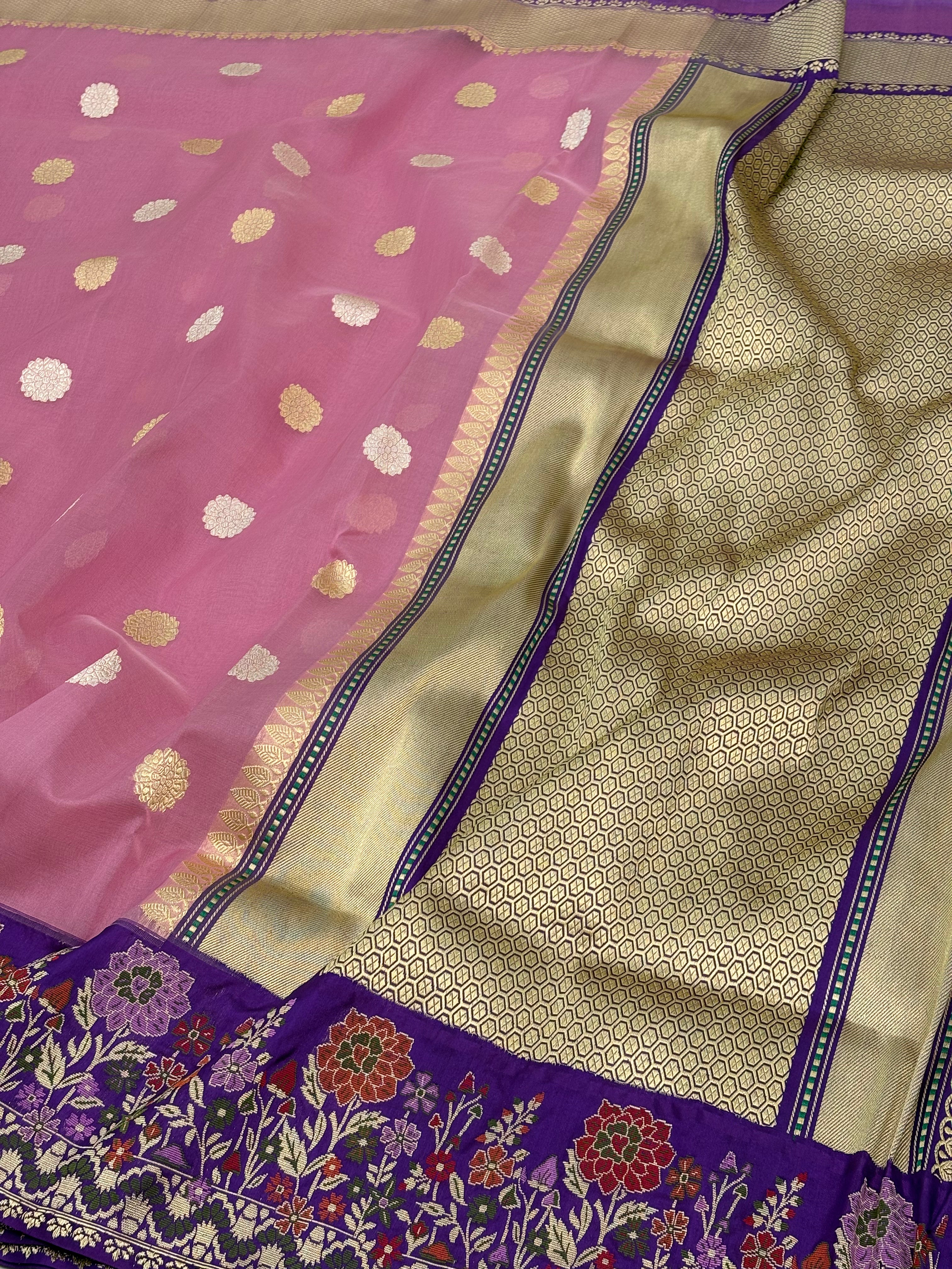 Soft Pink Pure Kora Kadhiyal Banarasi Saree with Purple Minakari Border