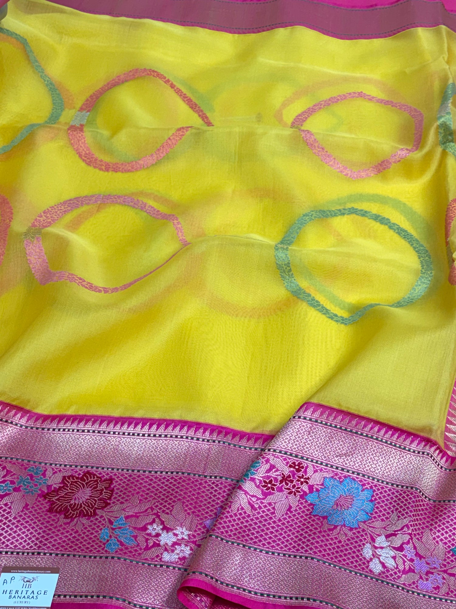 Vibrant Yellow Pure Kora Silk Ektra Modern Kadhiyal Banarasi Saree