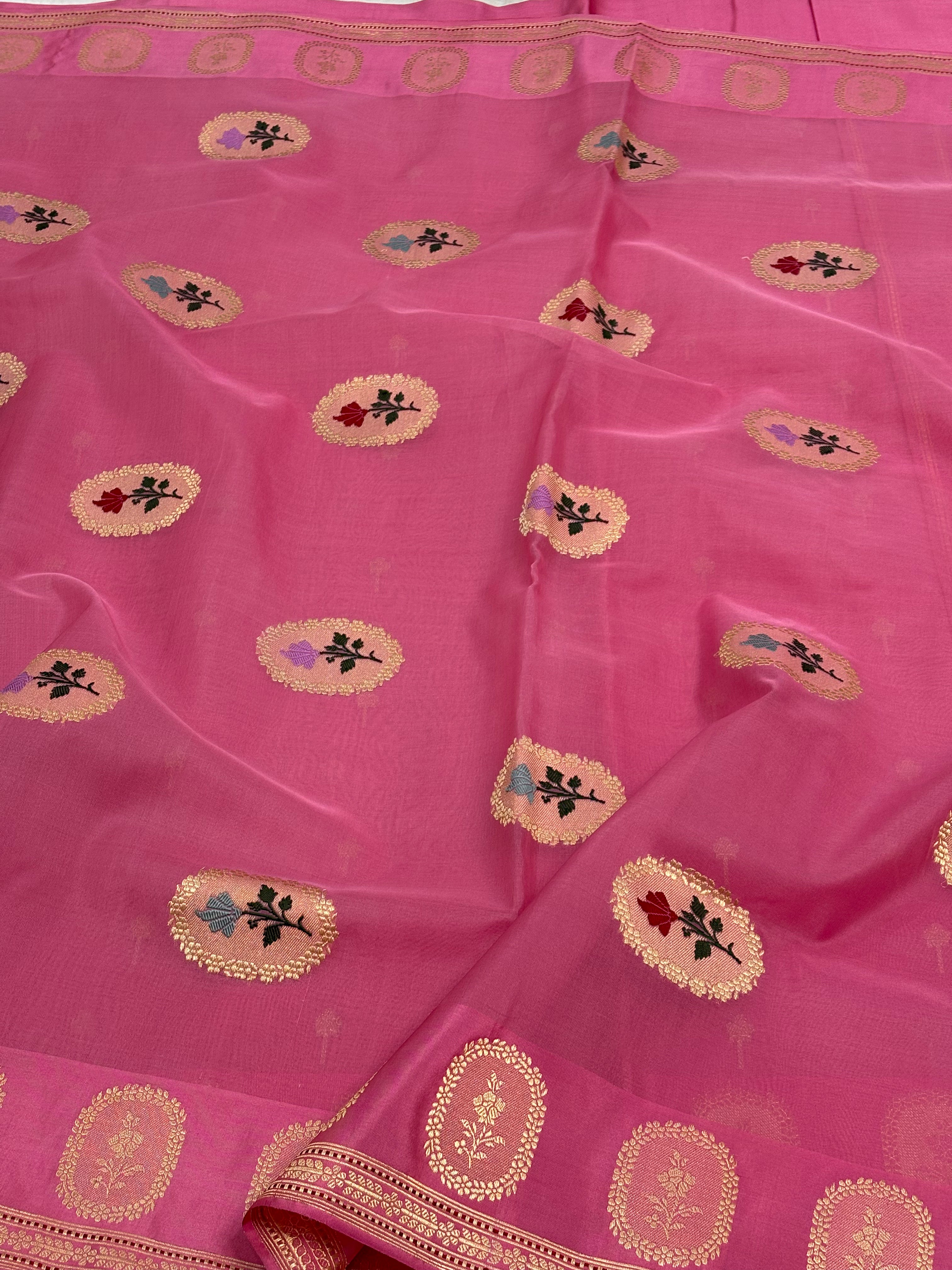 Handloom Bright Pink Pure Kora Silk Banarasi Saree