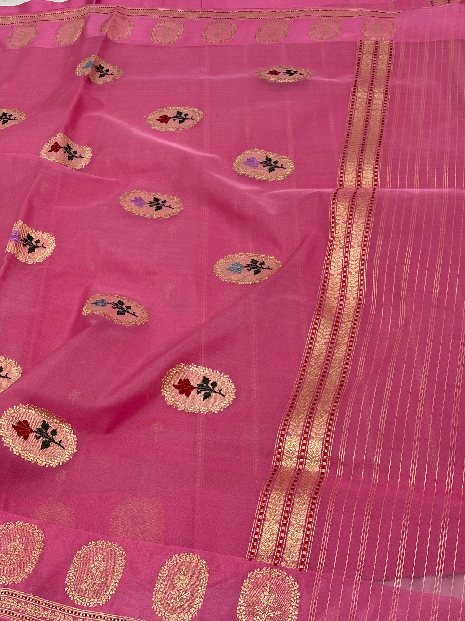 Handloom Bright Pink Pure Kora Silk Banarasi Saree