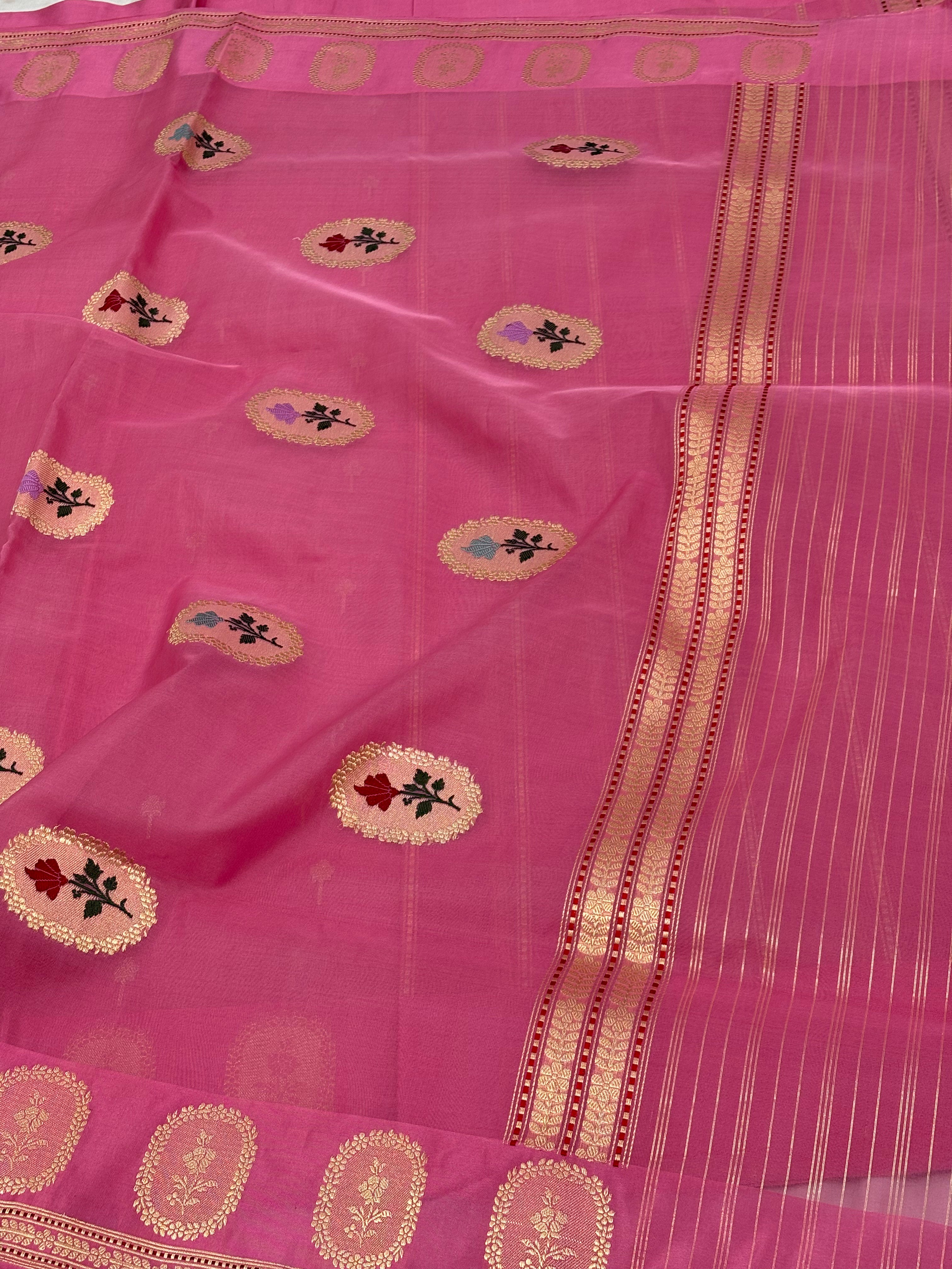 Handloom Bright Pink Pure Kora Silk Banarasi Saree