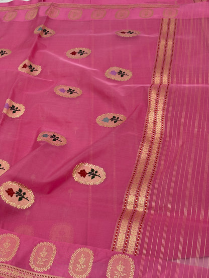 Handloom Bright Pink Pure Kora Silk Banarasi Saree