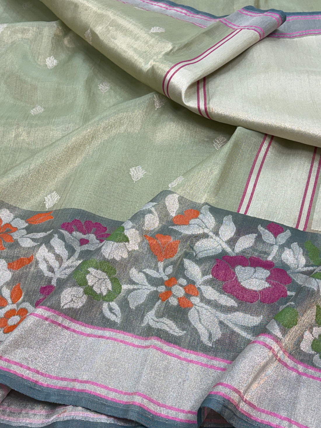 Sea Green Handwoven Tissue Banarasi Jamdani Saree