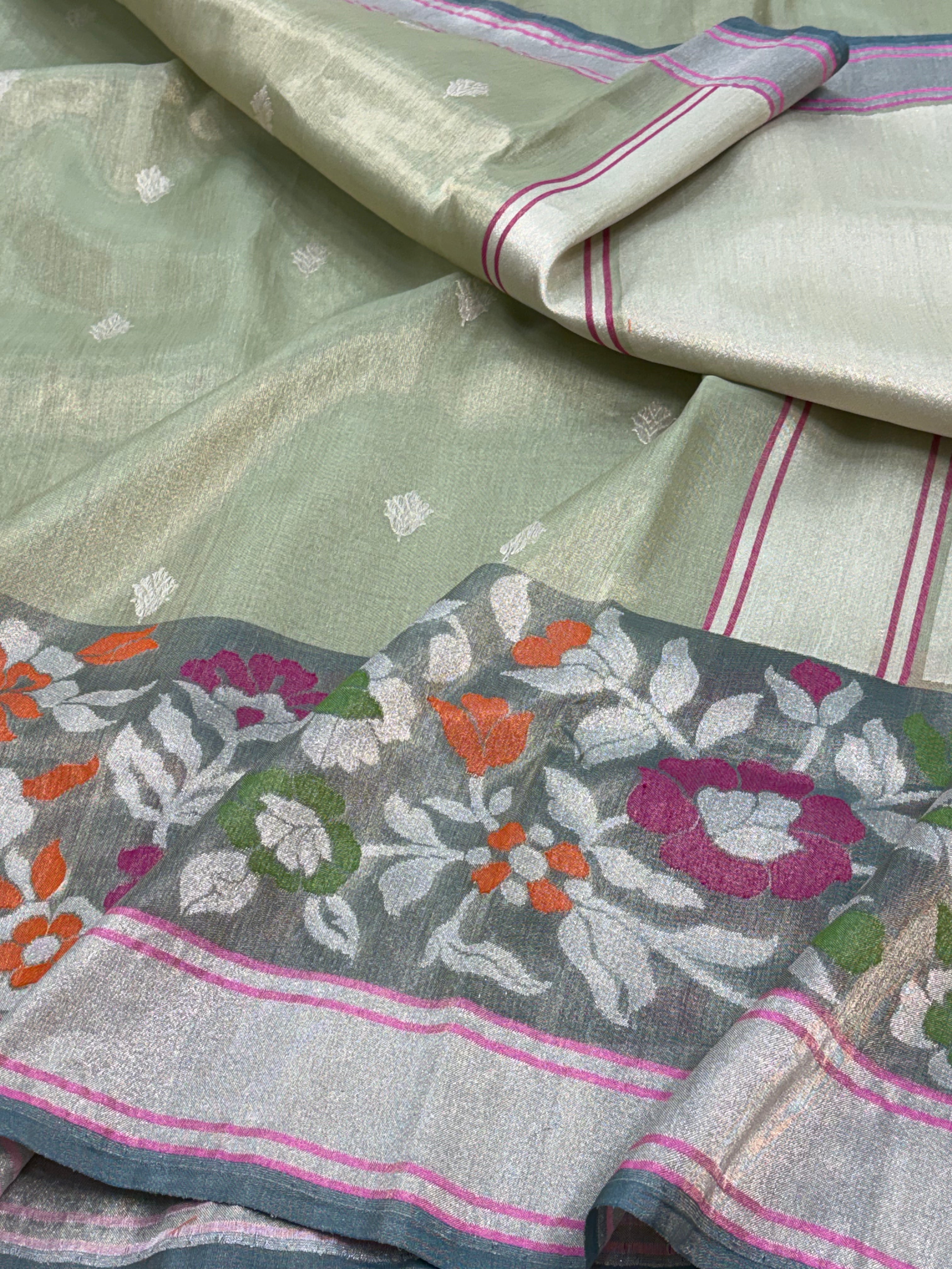 Sea Green Handwoven Tissue Banarasi Jamdani Saree