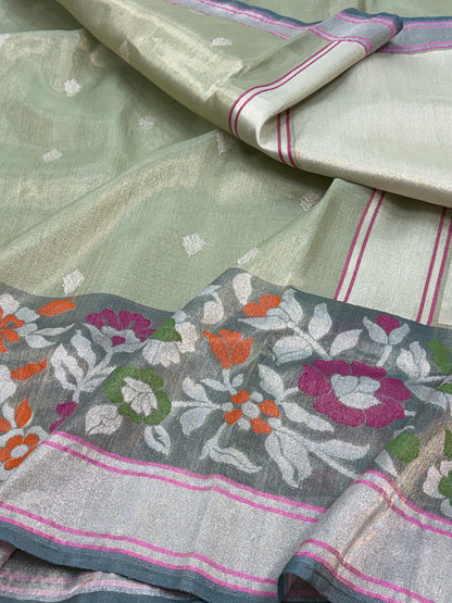 Sea Green Handwoven Tissue Banarasi Jamdani Saree