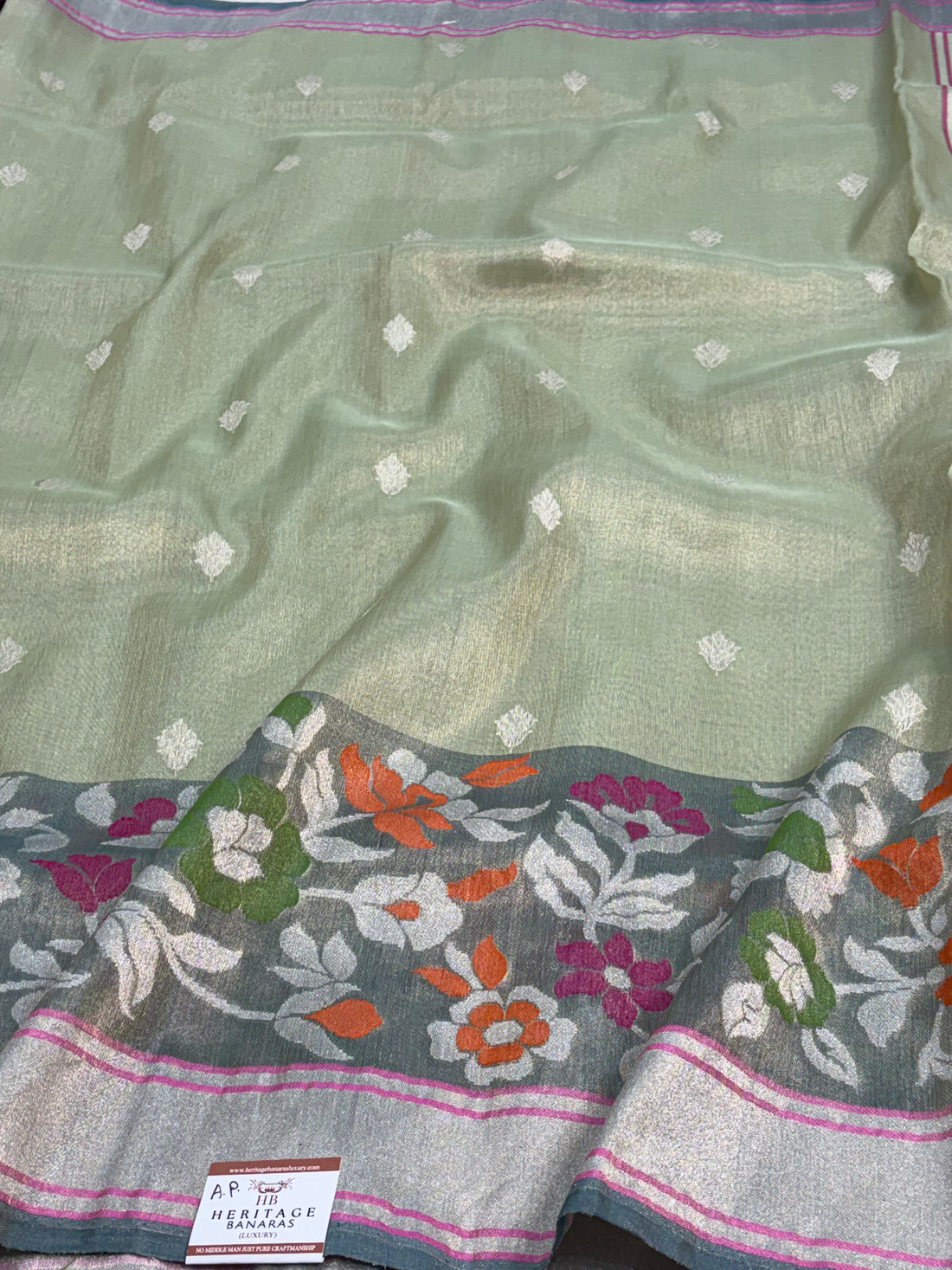 Sea Green Handwoven Tissue Banarasi Jamdani Saree