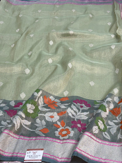 Sea Green Handwoven Tissue Banarasi Jamdani Saree