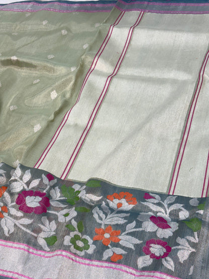 Sea Green Handwoven Tissue Banarasi Jamdani Saree