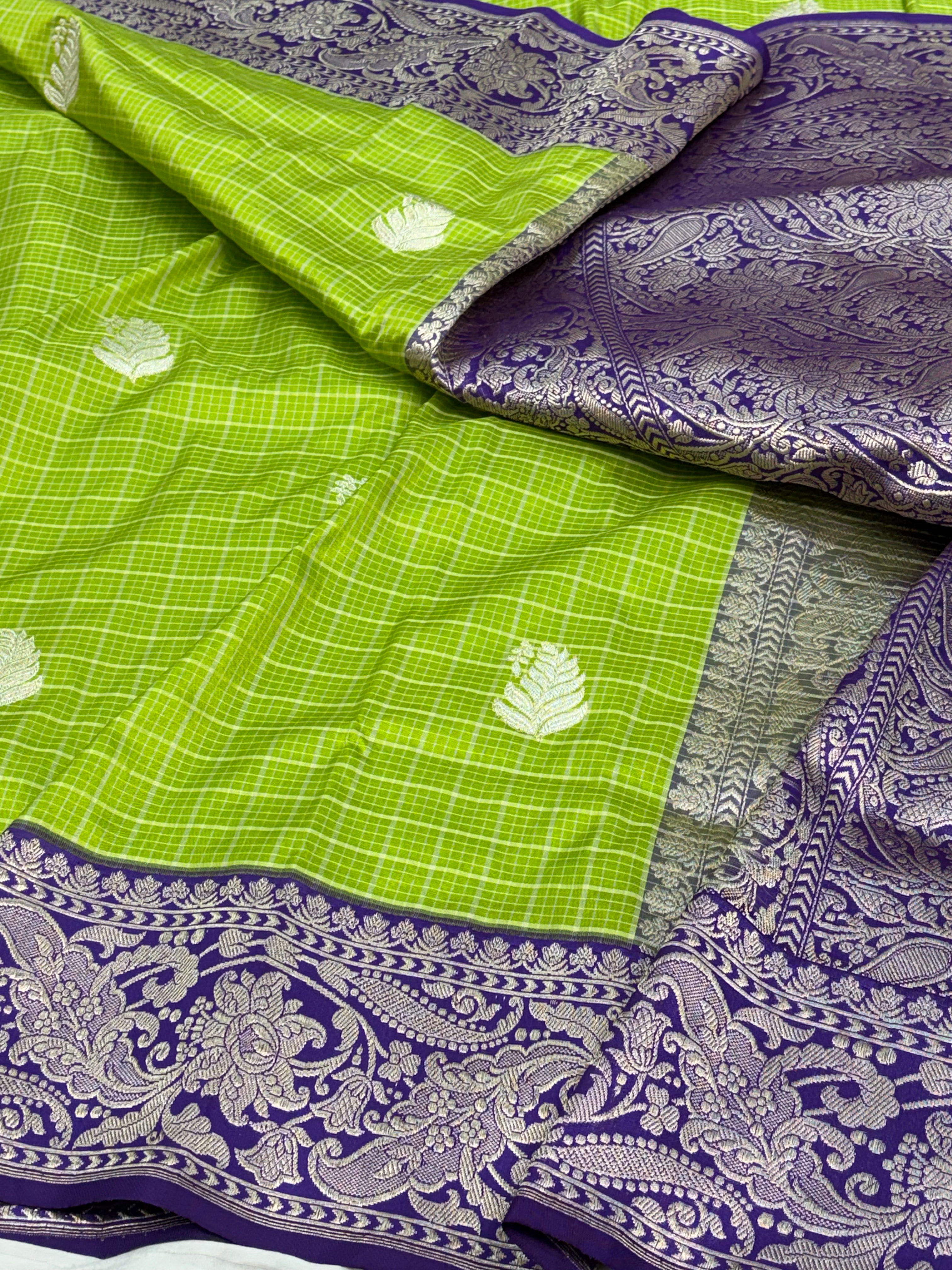 Lime Green Pure Katan Silk Kadhiyal Saree