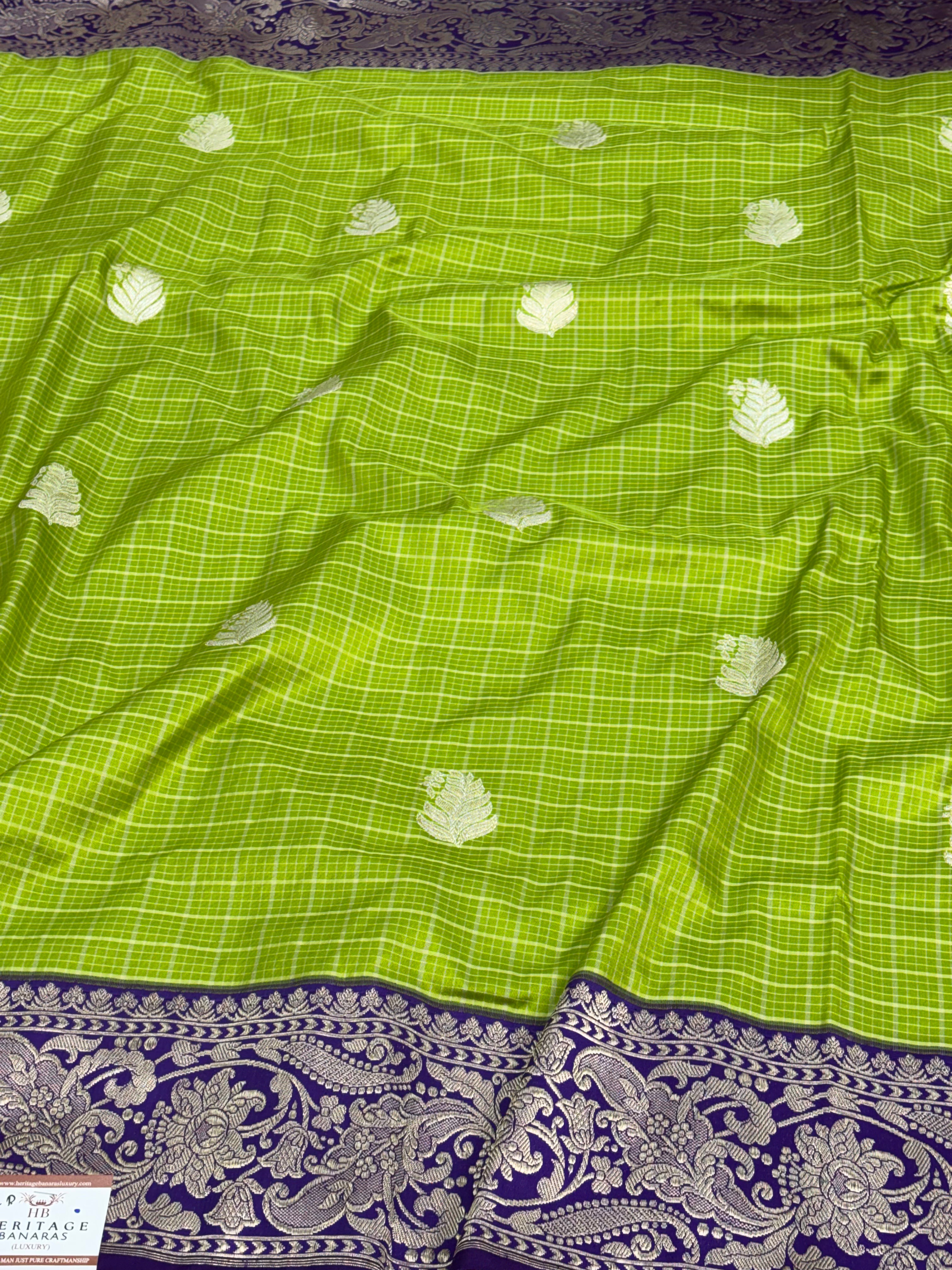 Lime Green Pure Katan Silk Kadhiyal Saree