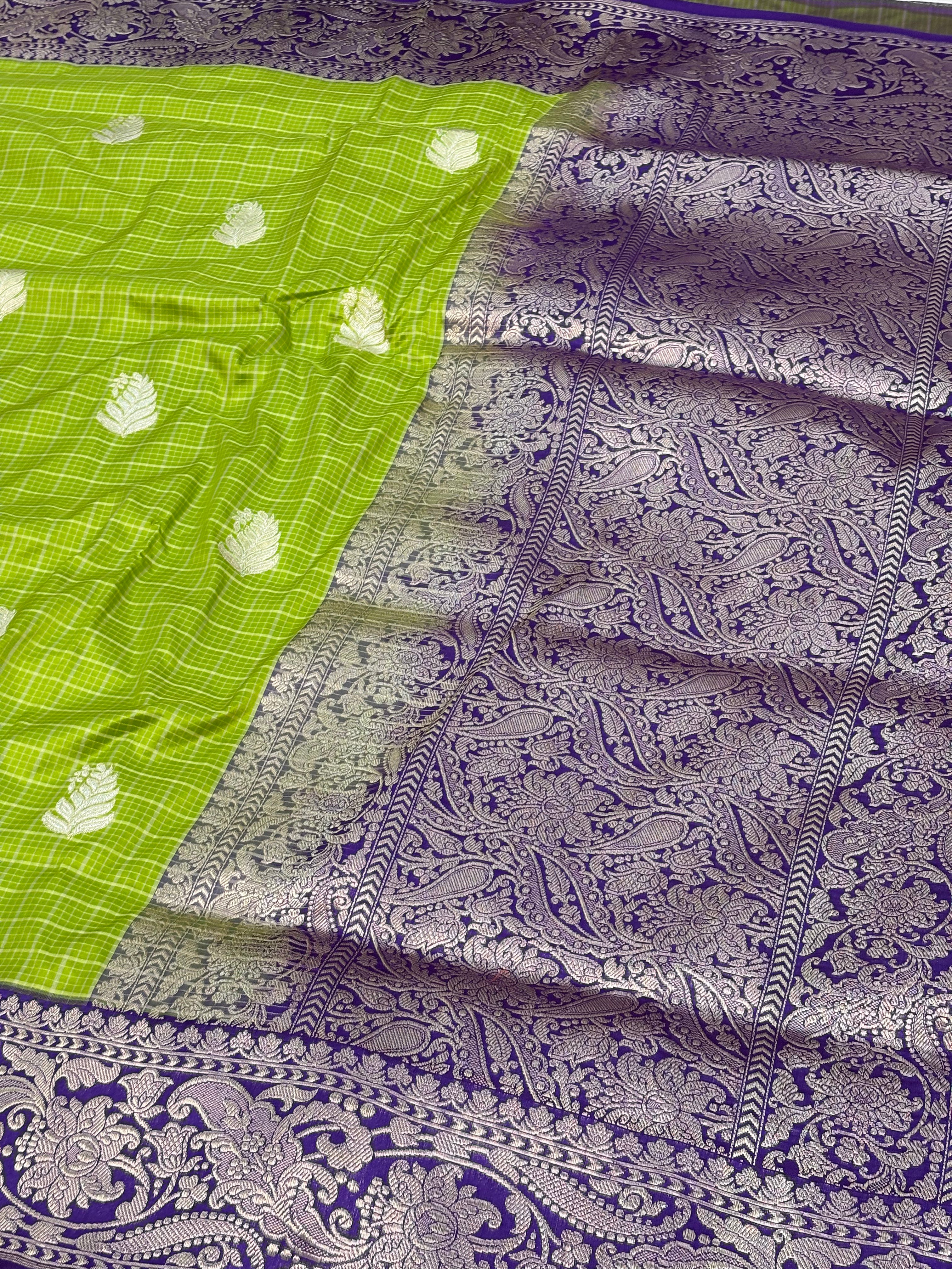 Lime Green Pure Katan Silk Kadhiyal Saree