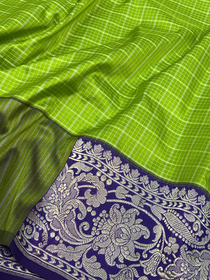 Lime Green Pure Katan Silk Kadhiyal Saree