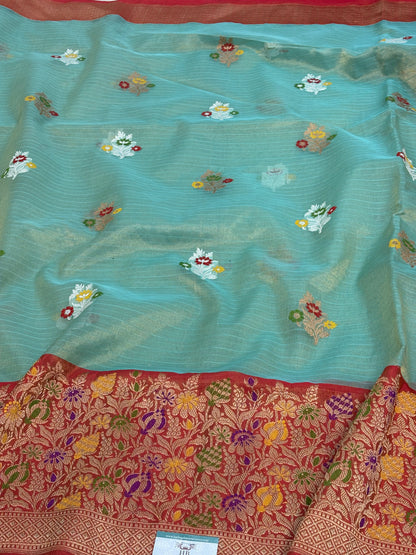 Teal Blue Tissue Banarasi Saree with Red Minakari Boder