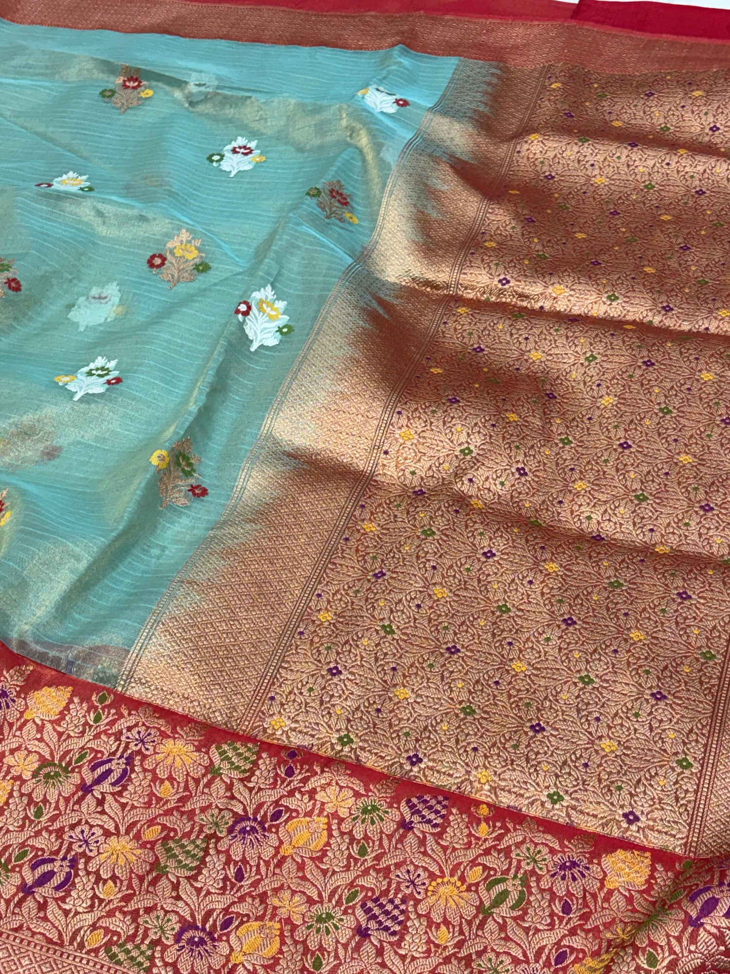 Teal Blue Tissue Banarasi Saree with Red Minakari Boder