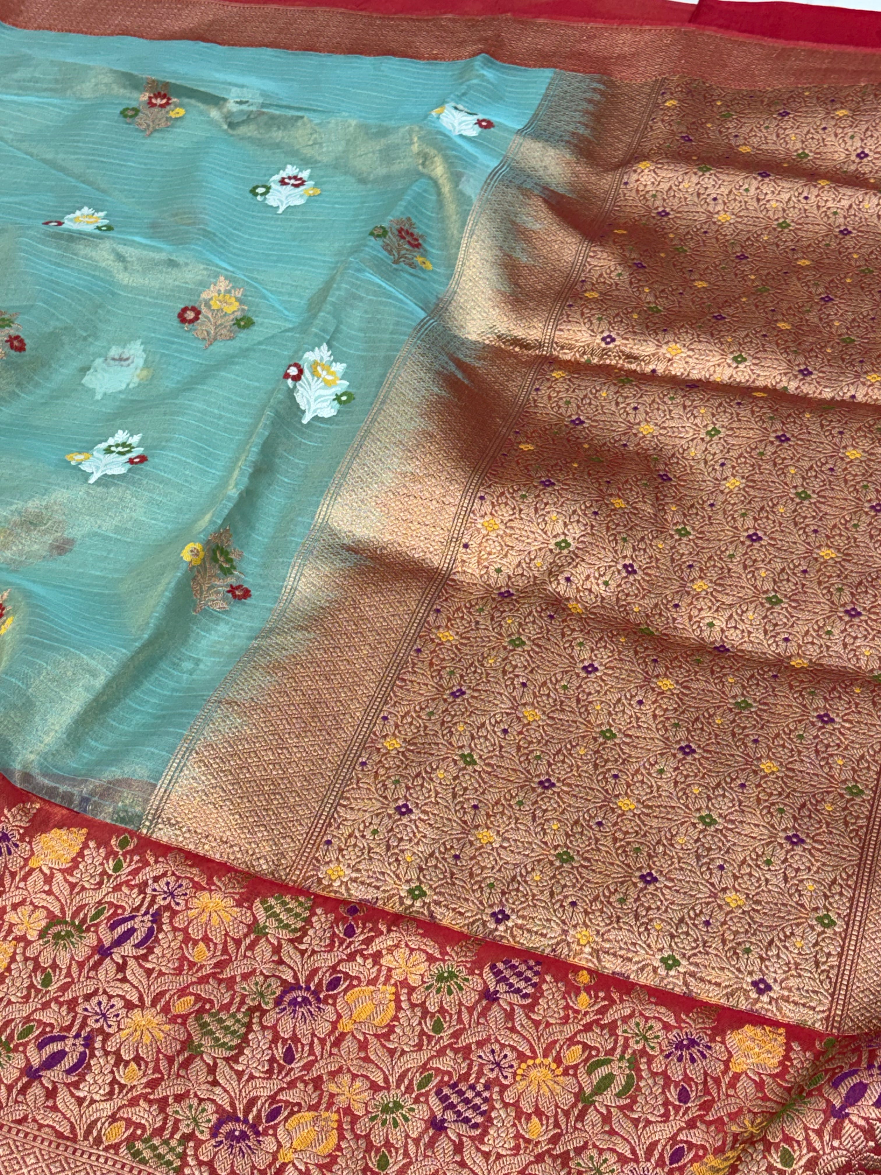 Teal Blue Tissue Banarasi Saree with Red Minakari Boder