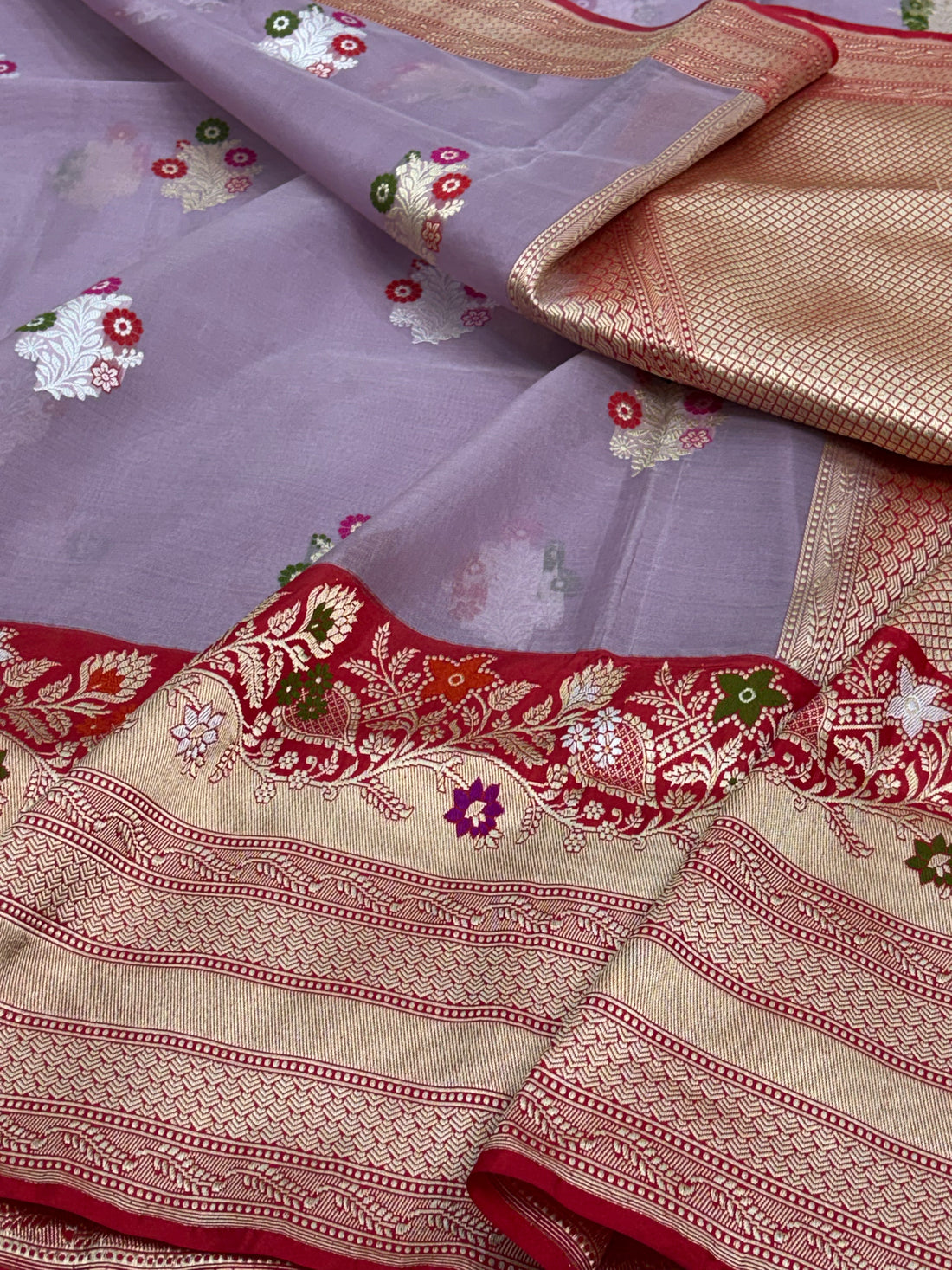 Mauve Pure Kora Banarasi Handwoven Saree with Multicolour Meenakari Buta