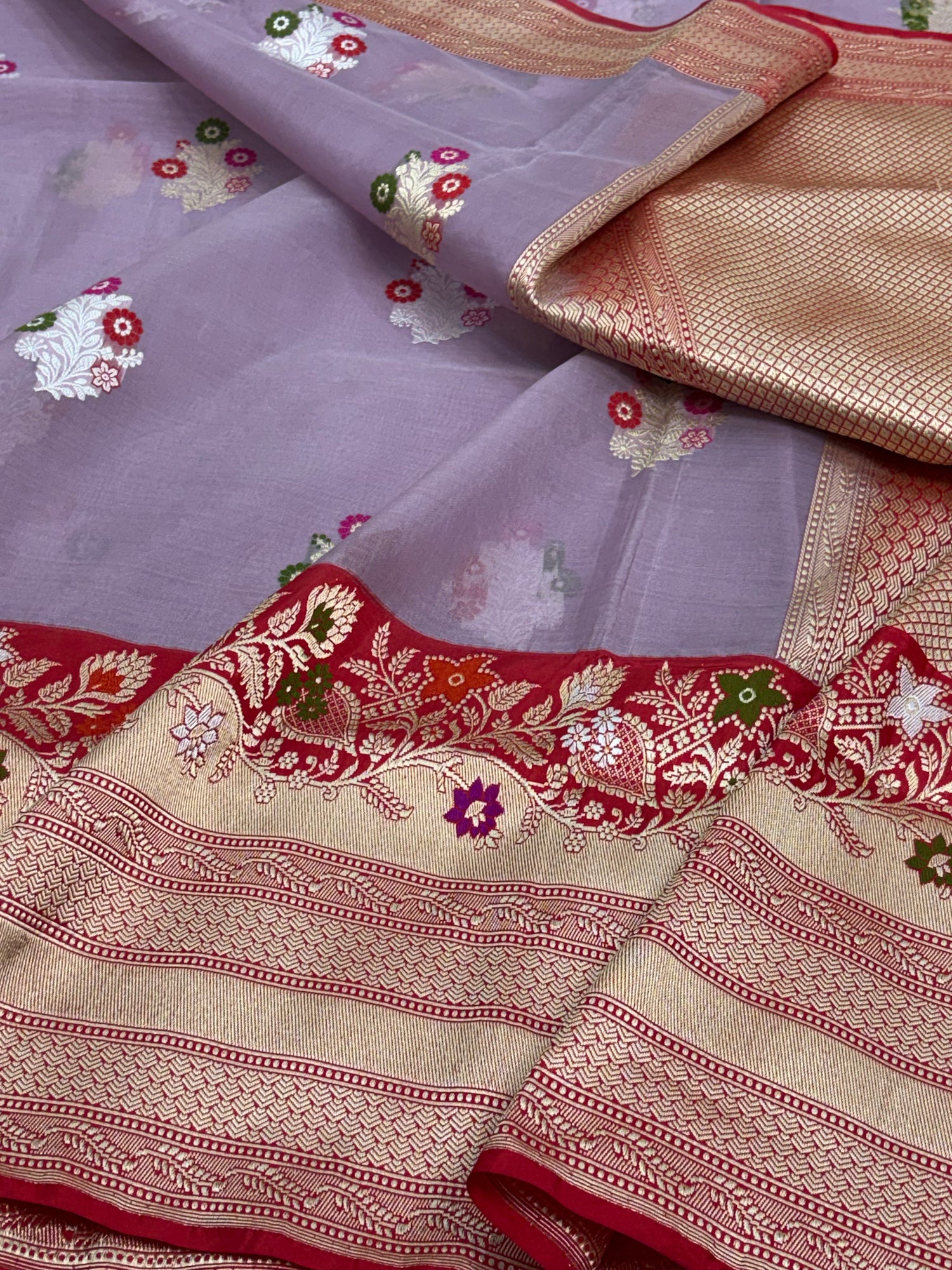 Mauve Pure Kora Banarasi Handwoven Saree with Multicolour Meenakari Buta