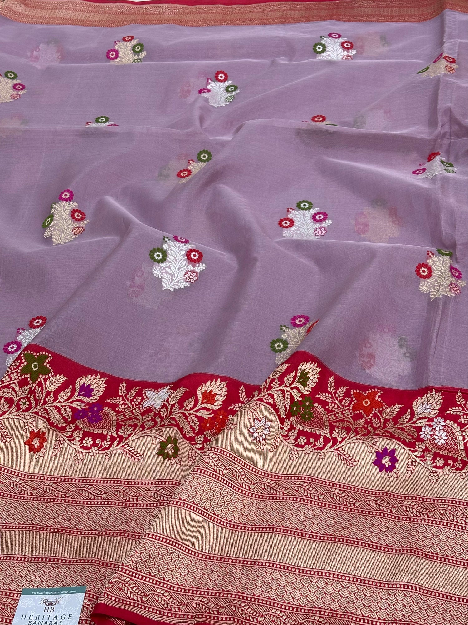 Mauve Pure Kora Banarasi Handwoven Saree with Multicolour Meenakari Buta