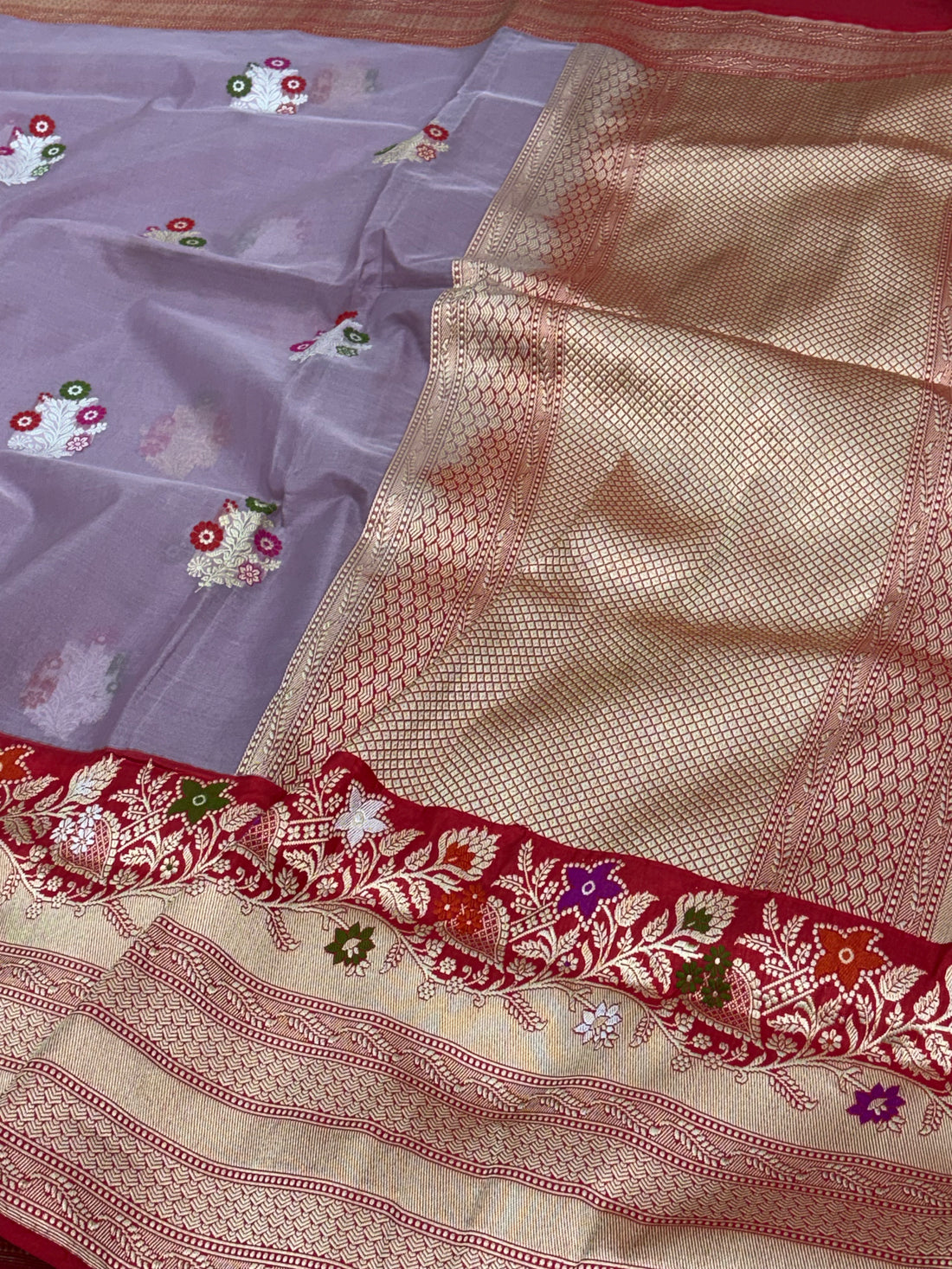 Mauve Pure Kora Banarasi Handwoven Saree with Multicolour Meenakari Buta