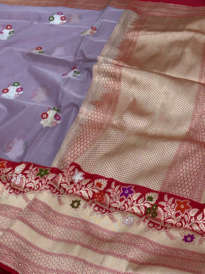 Mauve Pure Kora Banarasi Handwoven Saree with Multicolour Meenakari Buta