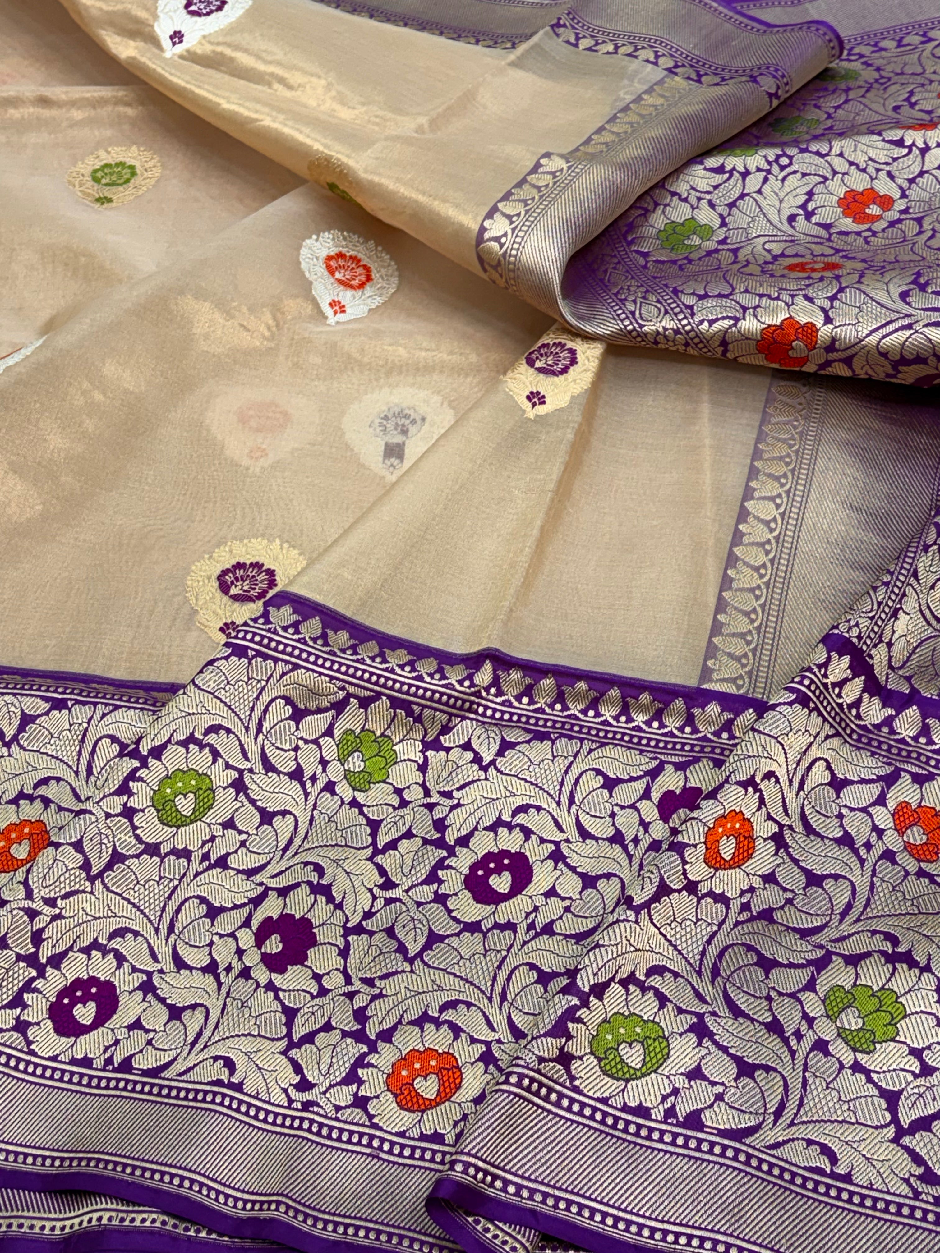 Beige Tissue Handwoven Banarasi Saree with Purple Katan Silk with Meenakari Border