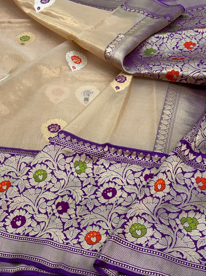 Beige Tissue Handwoven Banarasi Saree with Purple Katan Silk with Meenakari Border
