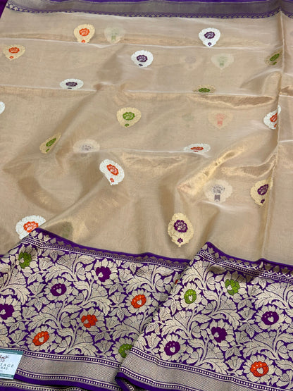 Beige Tissue Handwoven Banarasi Saree with Purple Katan Silk with Meenakari Border