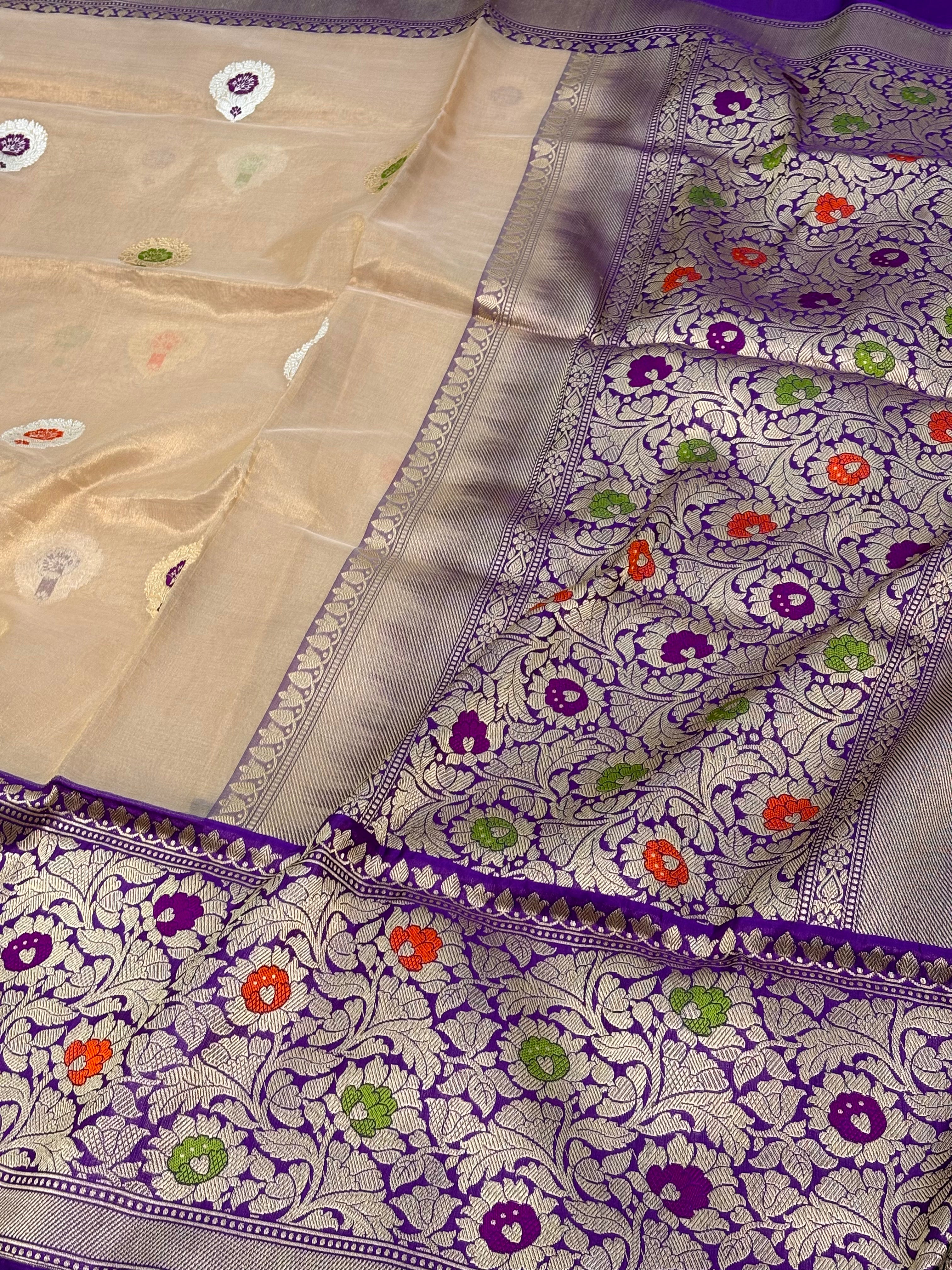Beige Tissue Handwoven Banarasi Saree with Purple Katan Silk with Meenakari Border