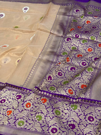Beige Tissue Handwoven Banarasi Saree with Purple Katan Silk with Meenakari Border