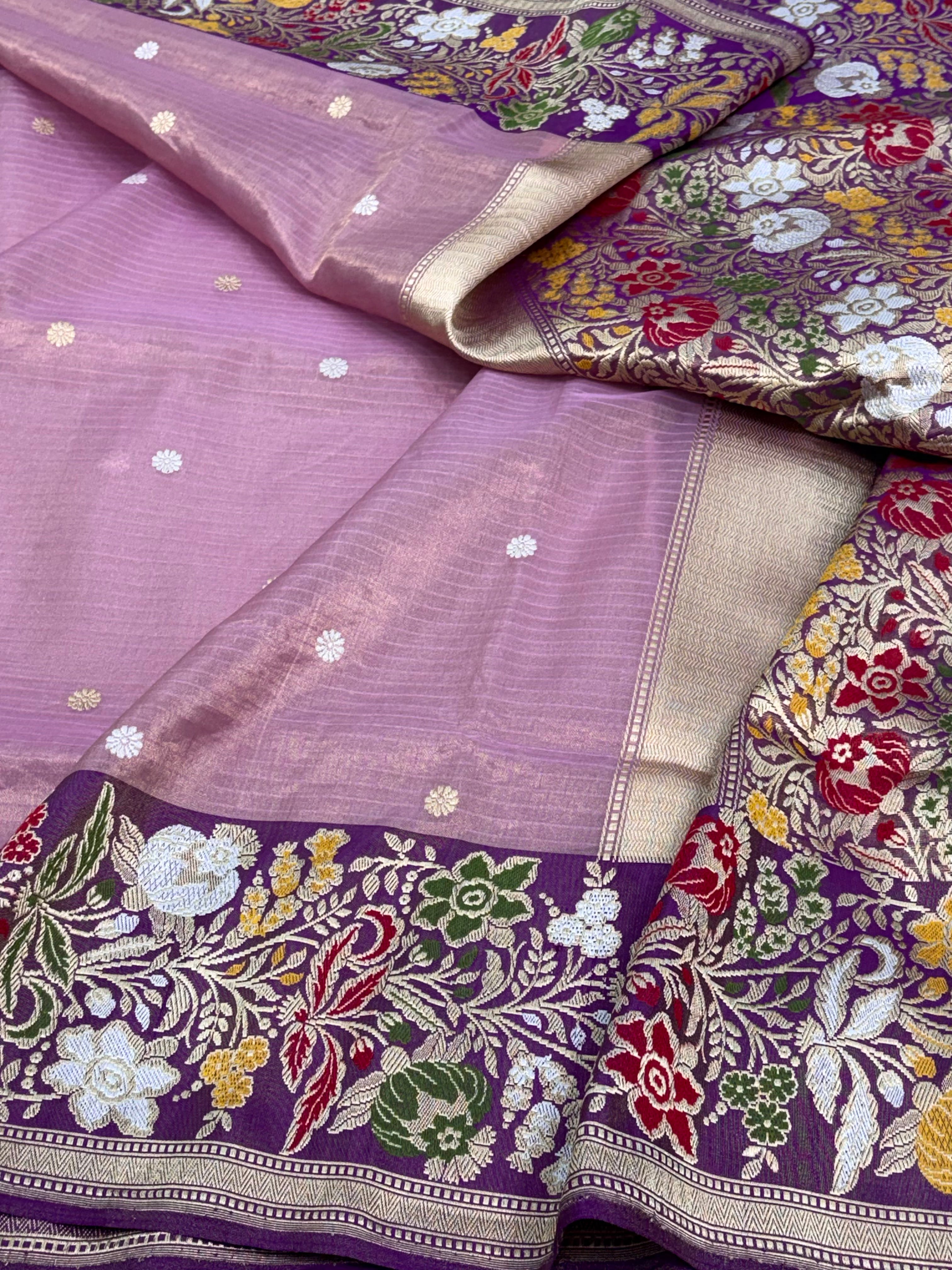 Lavender Tissue Banarasi Saree with Multicolour Meenakari Floral Border and Pallu