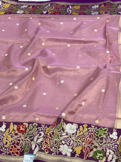 Lavender Tissue Banarasi Saree with Multicolour Meenakari Floral Border and Pallu