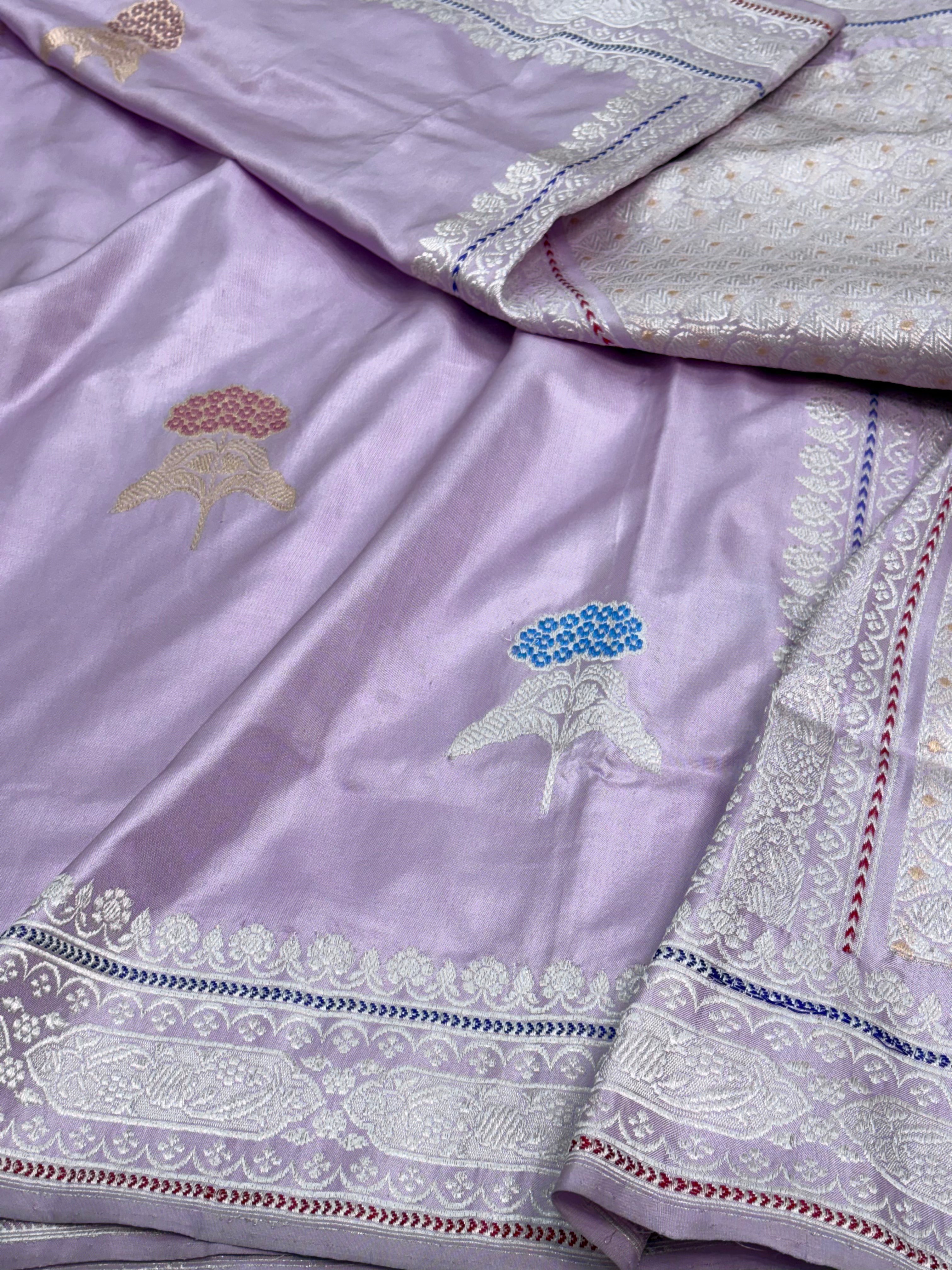 Lavender Banarasi Katan Silk Ektara Saree with Meenakari Buta and Silver Zari Weaving