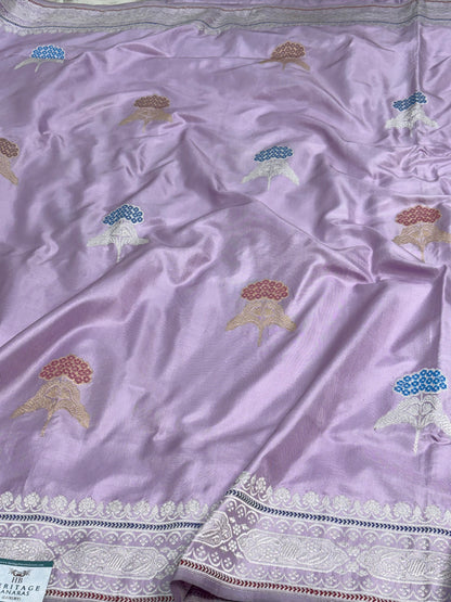 Lavender Banarasi Katan Silk Ektara Saree with Meenakari Buta and Silver Zari Weaving