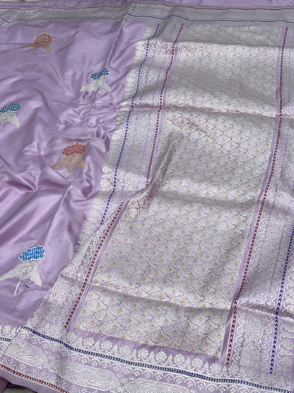 Lavender Banarasi Katan Silk Ektara Saree with Meenakari Buta and Silver Zari Weaving