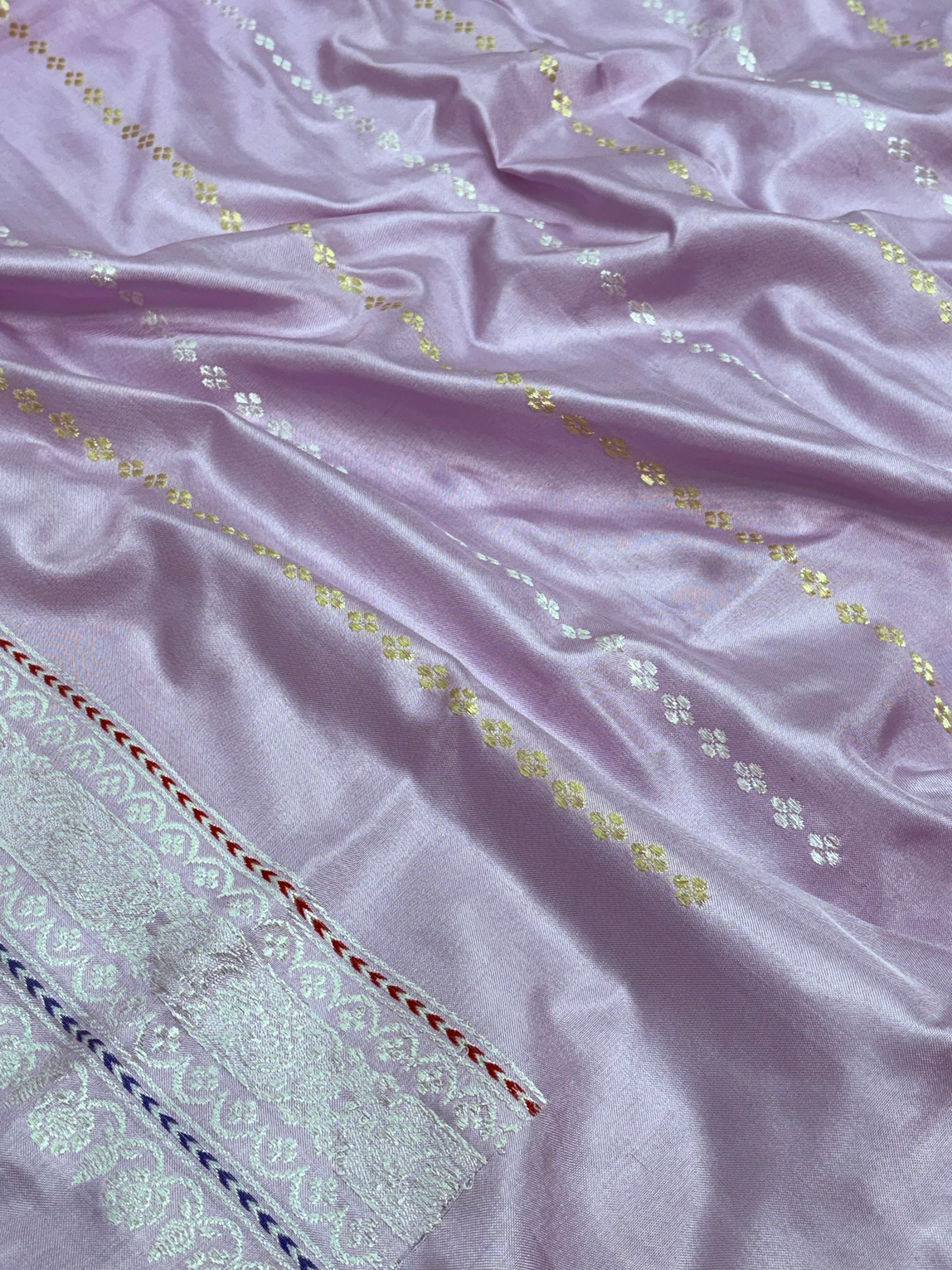 Lavender Banarasi Katan Silk Ektara Saree with Meenakari Buta and Silver Zari Weaving
