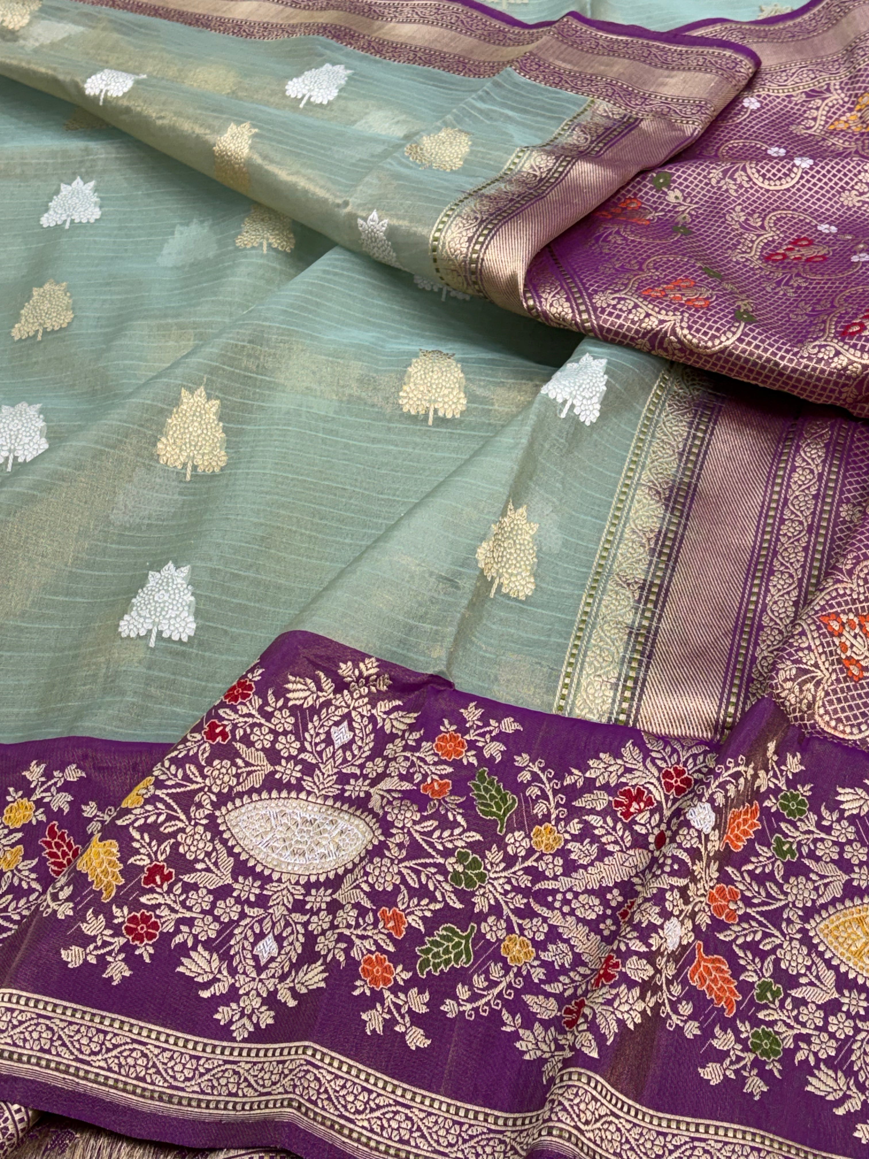 Sea Green Handwoven Banarasi Tissue Silk with Purple Meenakari Woven Border