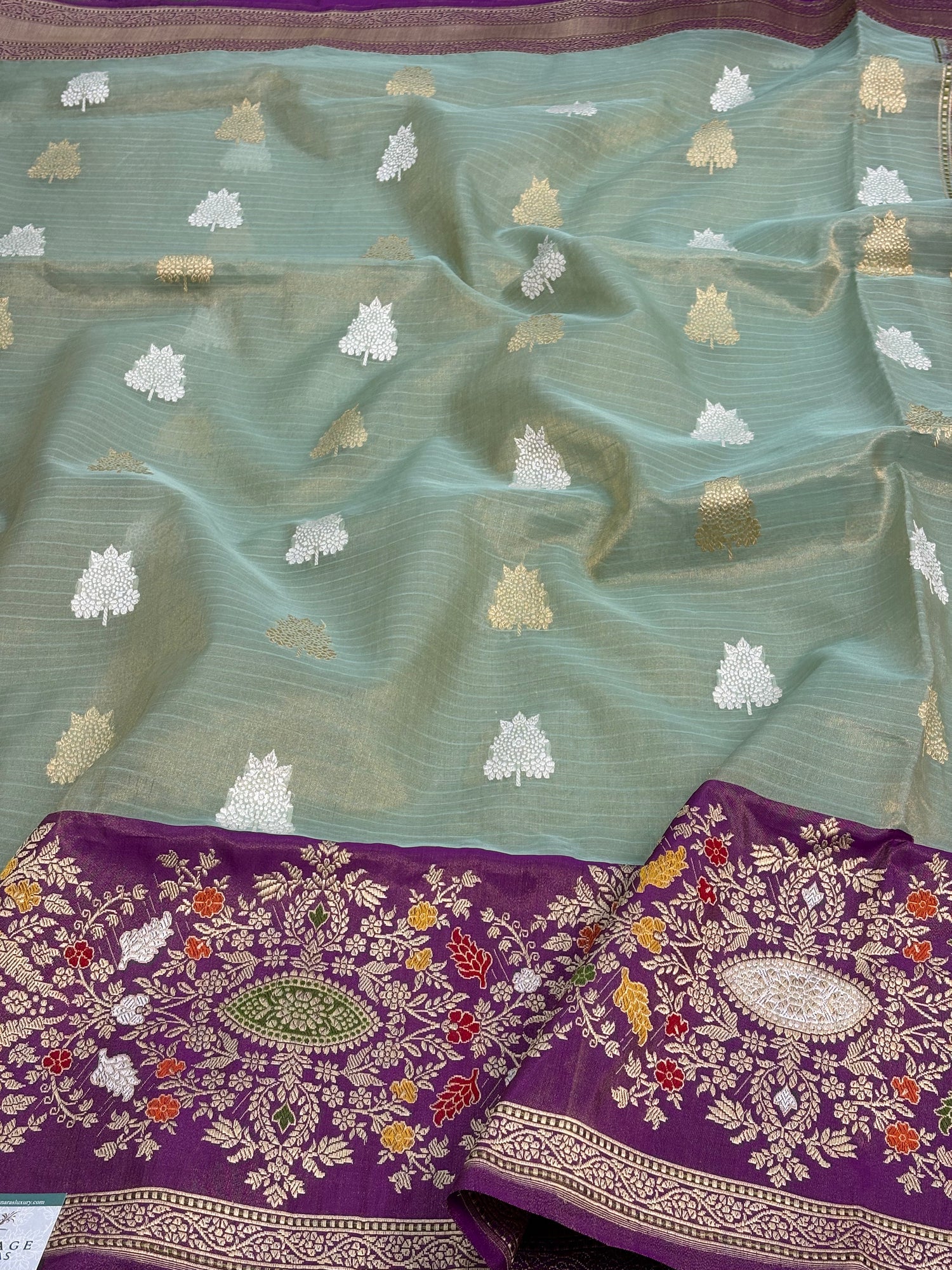 Sea Green Handwoven Banarasi Tissue Silk with Purple Meenakari Woven Border