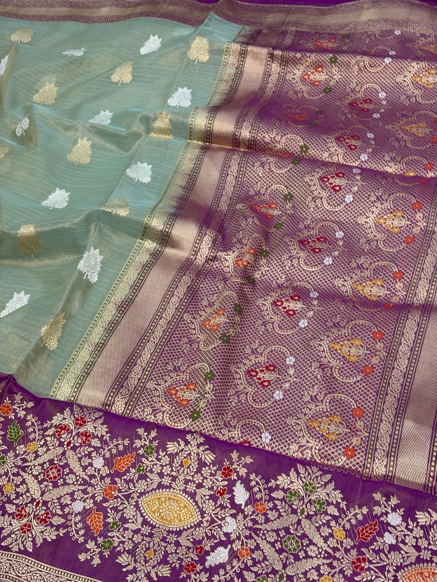 Sea Green Handwoven Banarasi Tissue Silk with Purple Meenakari Woven Border