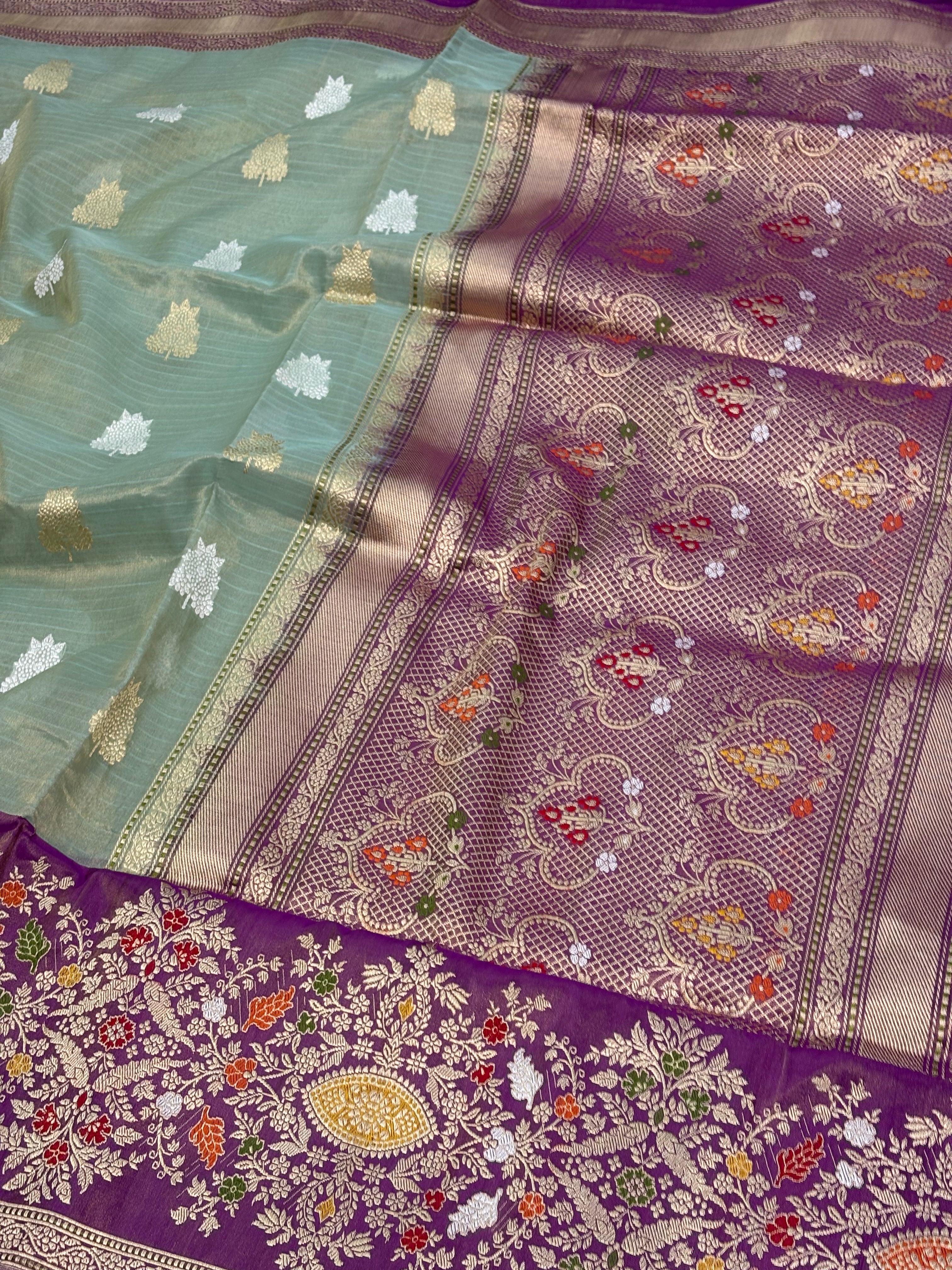 Sea Green Handwoven Banarasi Tissue Silk with Purple Meenakari Woven Border