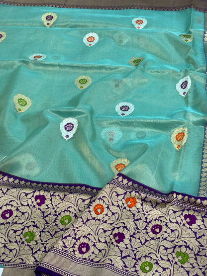 Teal Blue Handwoven Banarasi Tissue Silk Saree with Purple Meenakari Kadhiyal Katan Silk Border