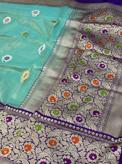 Teal Blue Handwoven Banarasi Tissue Silk Saree with Purple Meenakari Kadhiyal Katan Silk Border